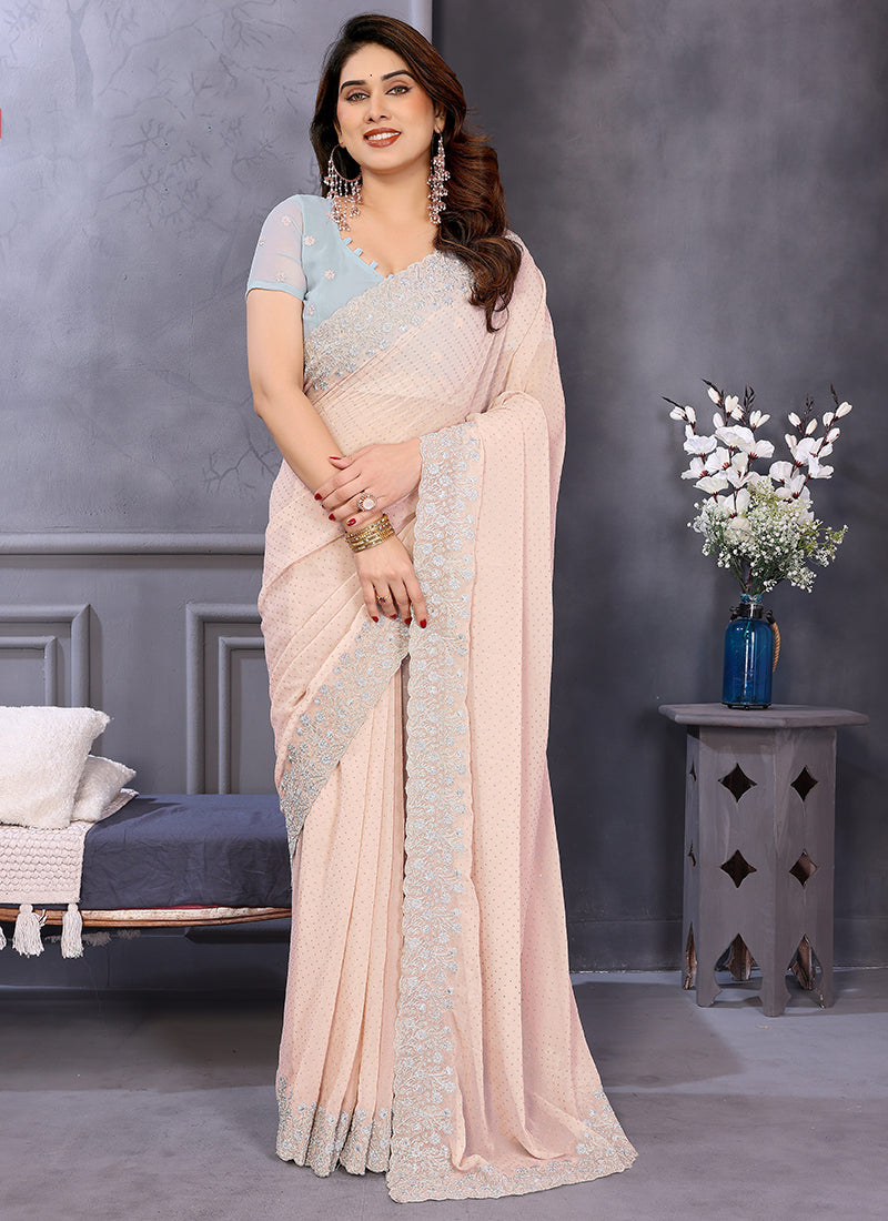 Vellora Dewdrop Cream Georgette Border Work Designer Saree