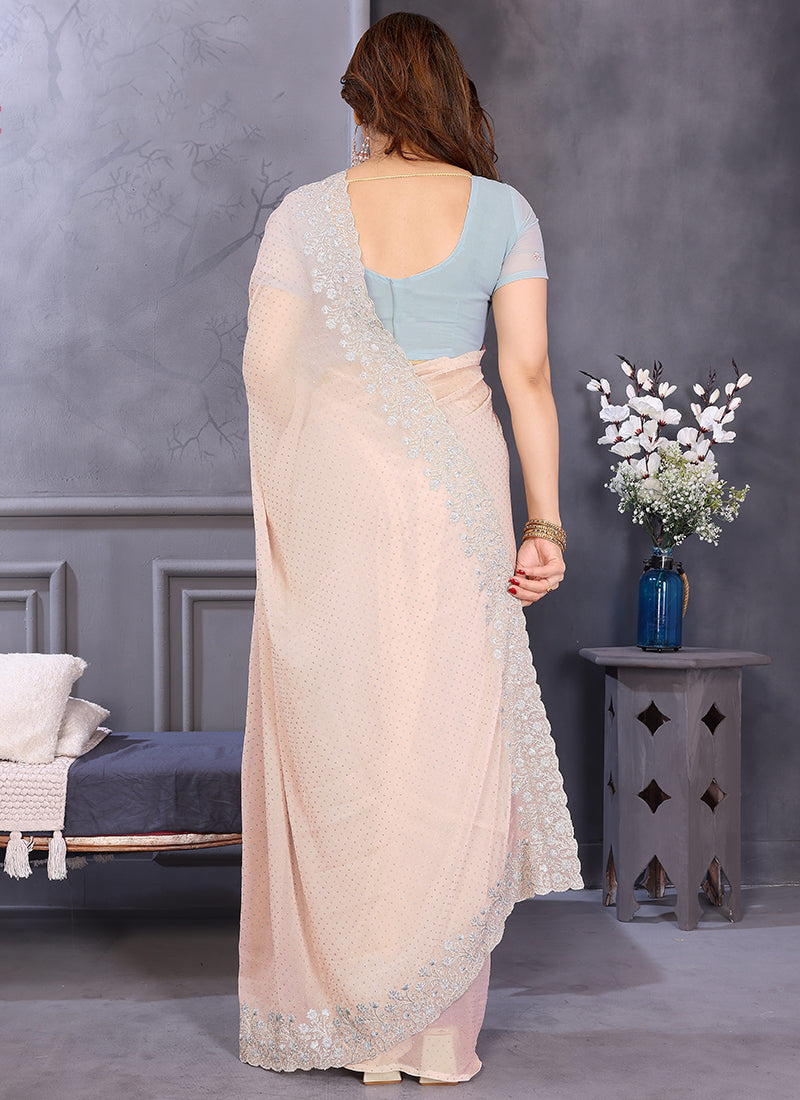 Vellora Dewdrop Cream Georgette Border Work Designer Saree
