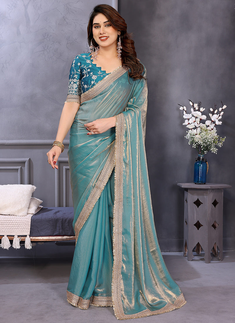 Vellora Sea Green Fandy Satin Embroidery Work Saree