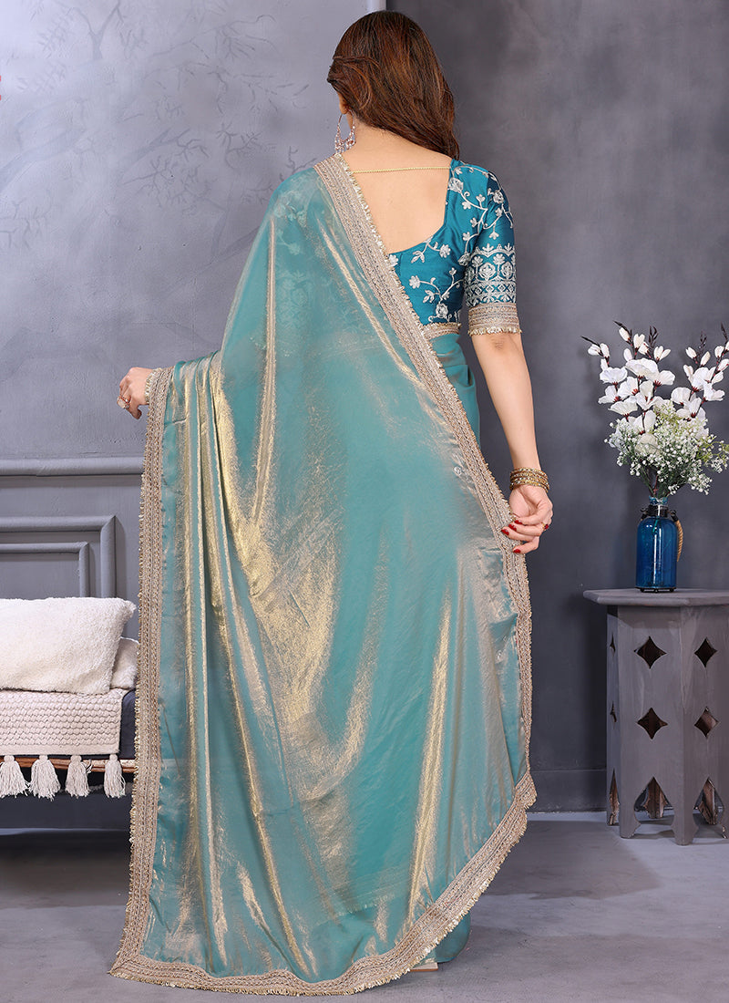 Vellora Sea Green Fandy Satin Embroidery Work Saree