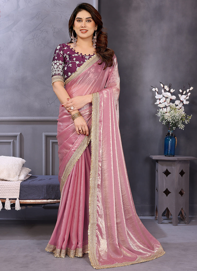 Vellora Pink Fandy Satin Designer Embroidery Work Saree