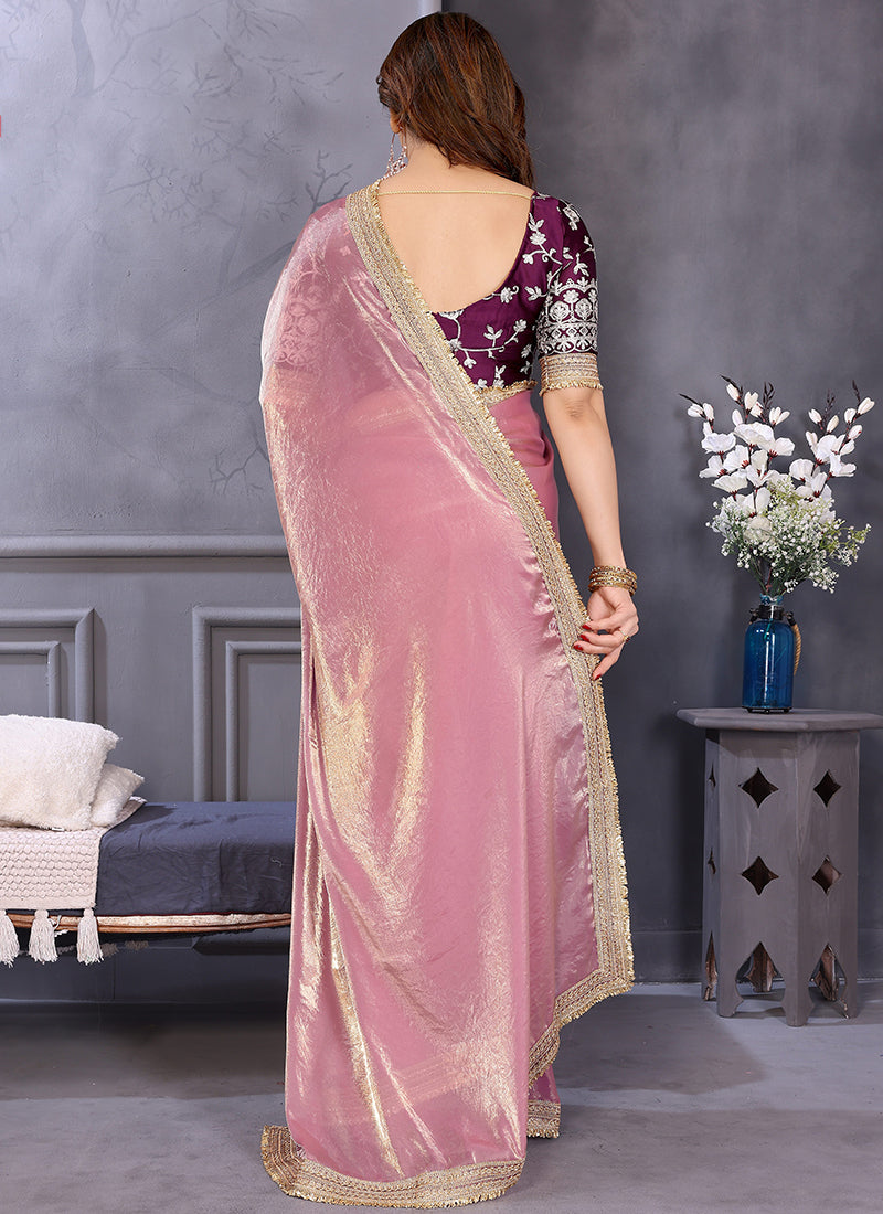 Vellora Pink Fandy Satin Designer Embroidery Work Saree