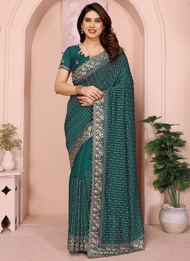 Vellora Green Vichitra Zari Embroidery Work Saree