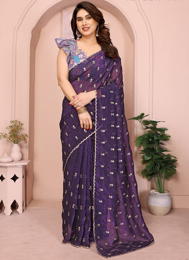 Vellora Violet Crunchy Cruss Festival Wear Embroidery Work Saree