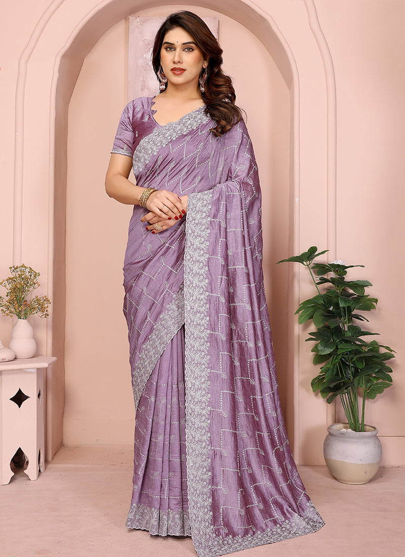 Vellora Dusty Pink Vichitra Embroidery Work Designer Saree