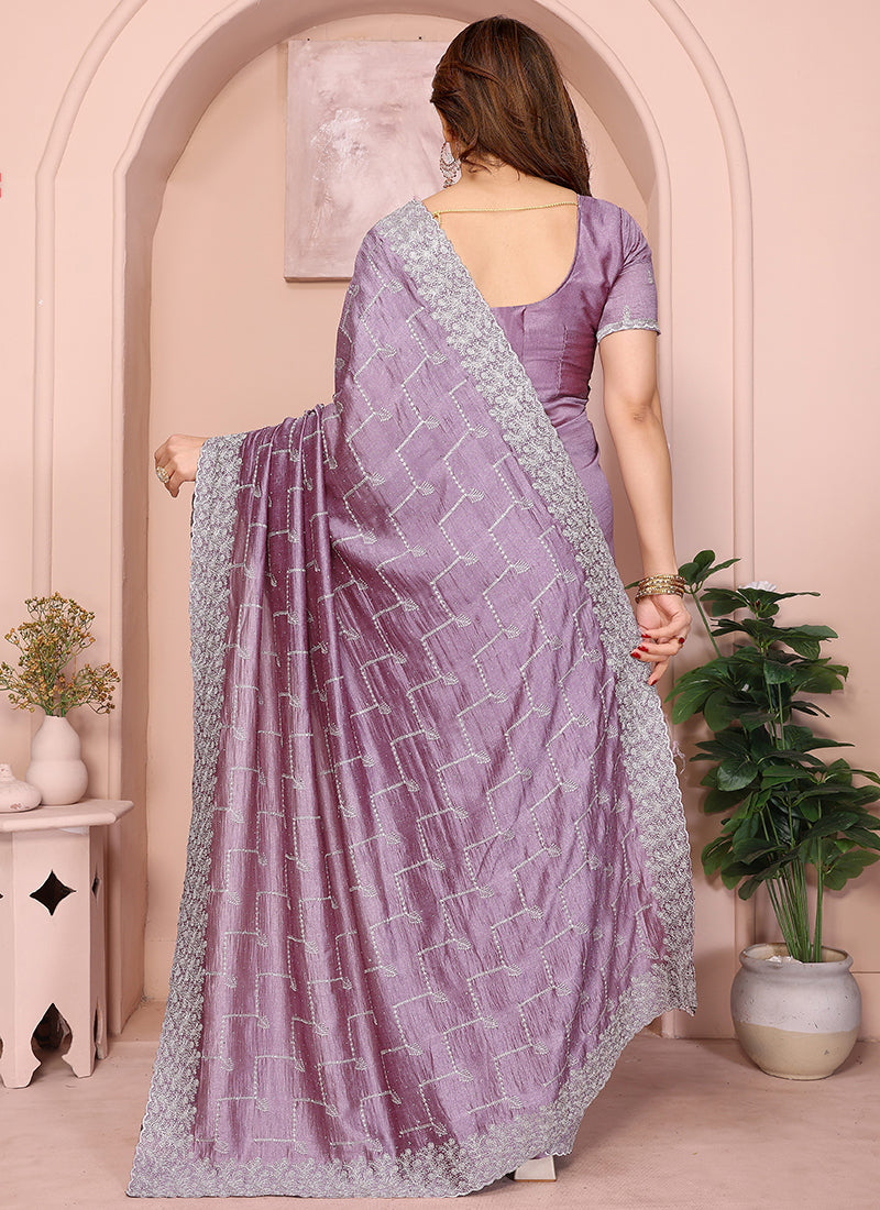 Vellora Dusty Pink Vichitra Embroidery Work Designer Saree