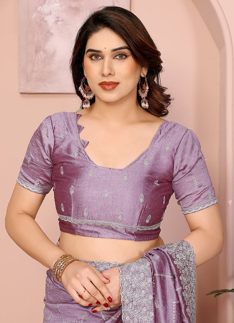 Vellora Dusty Pink Vichitra Embroidery Work Designer Saree