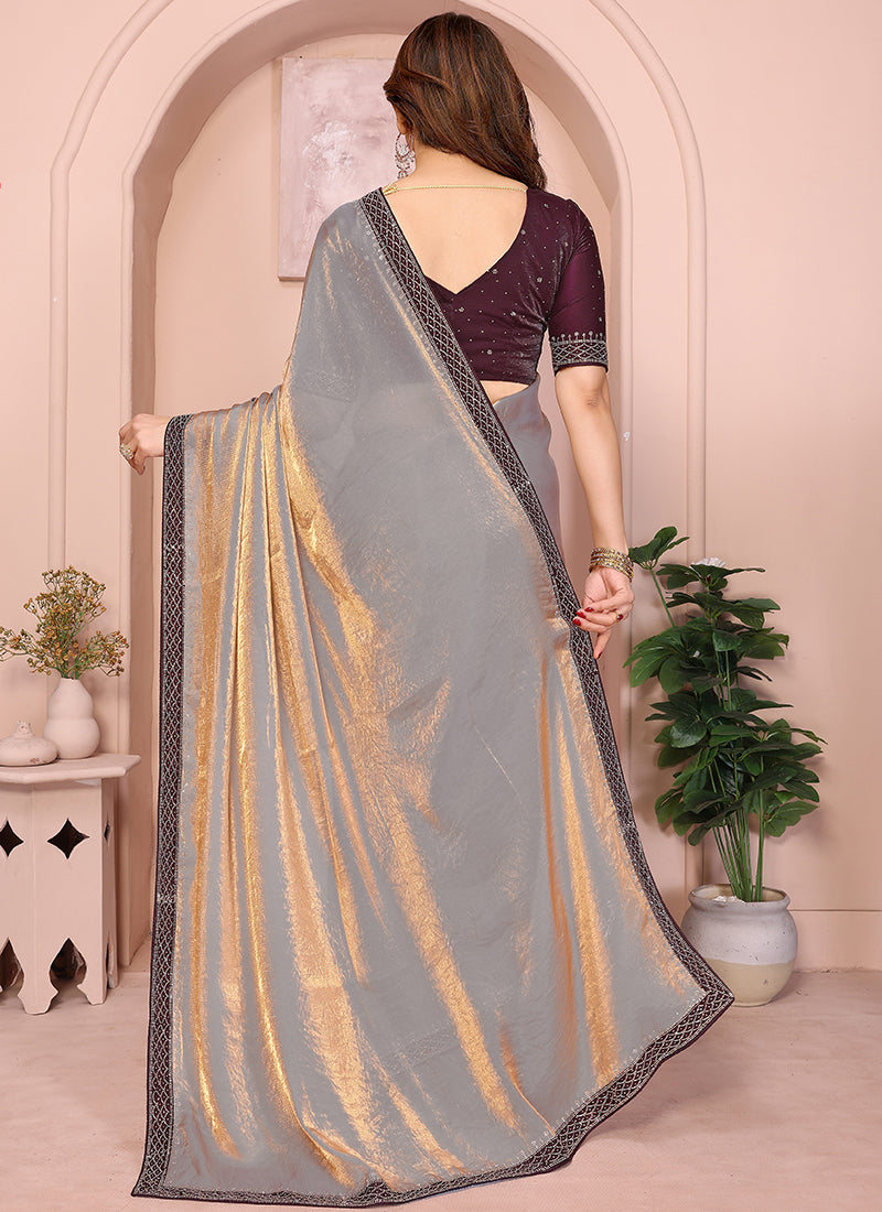 Vellora Grey Fandy Satin Border Work Festival Wear Saree