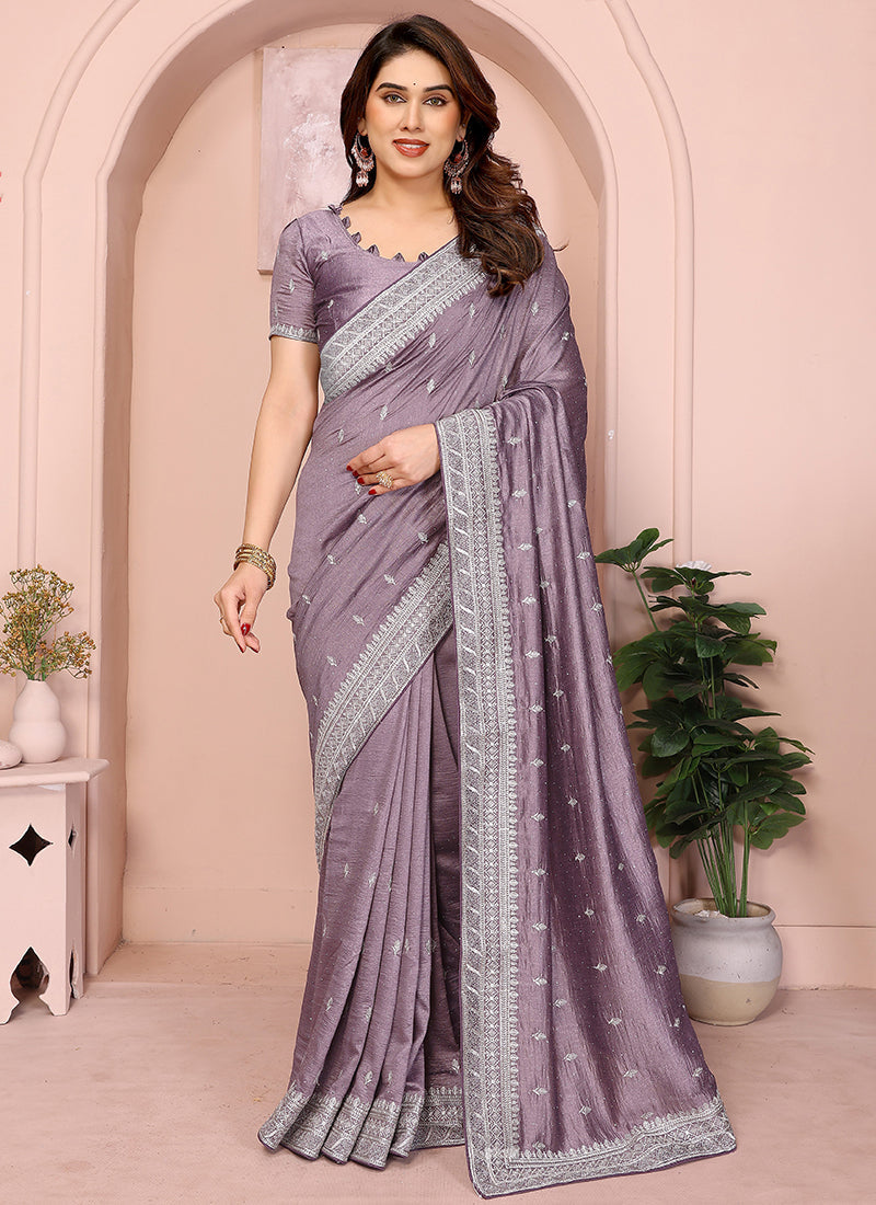 Vellora Lavender Vichitra Embroidery Work Festival Wear Saree