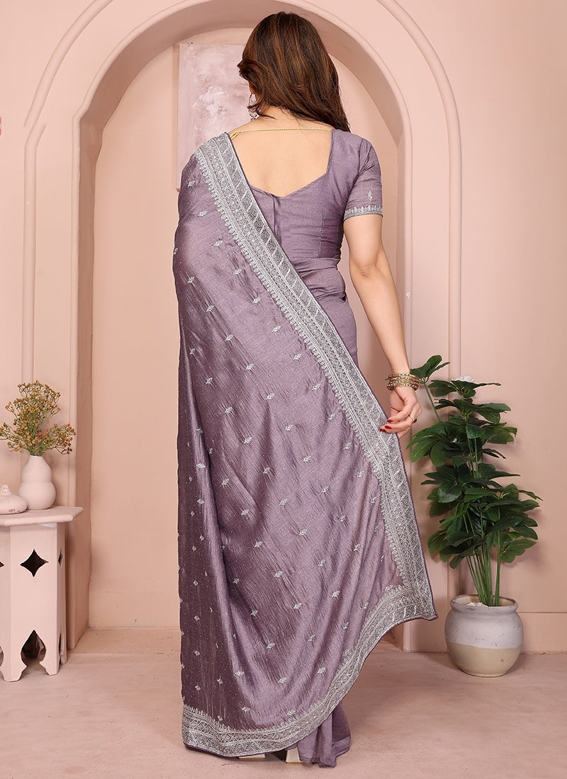 Vellora Lavender Vichitra Embroidery Work Festival Wear Saree