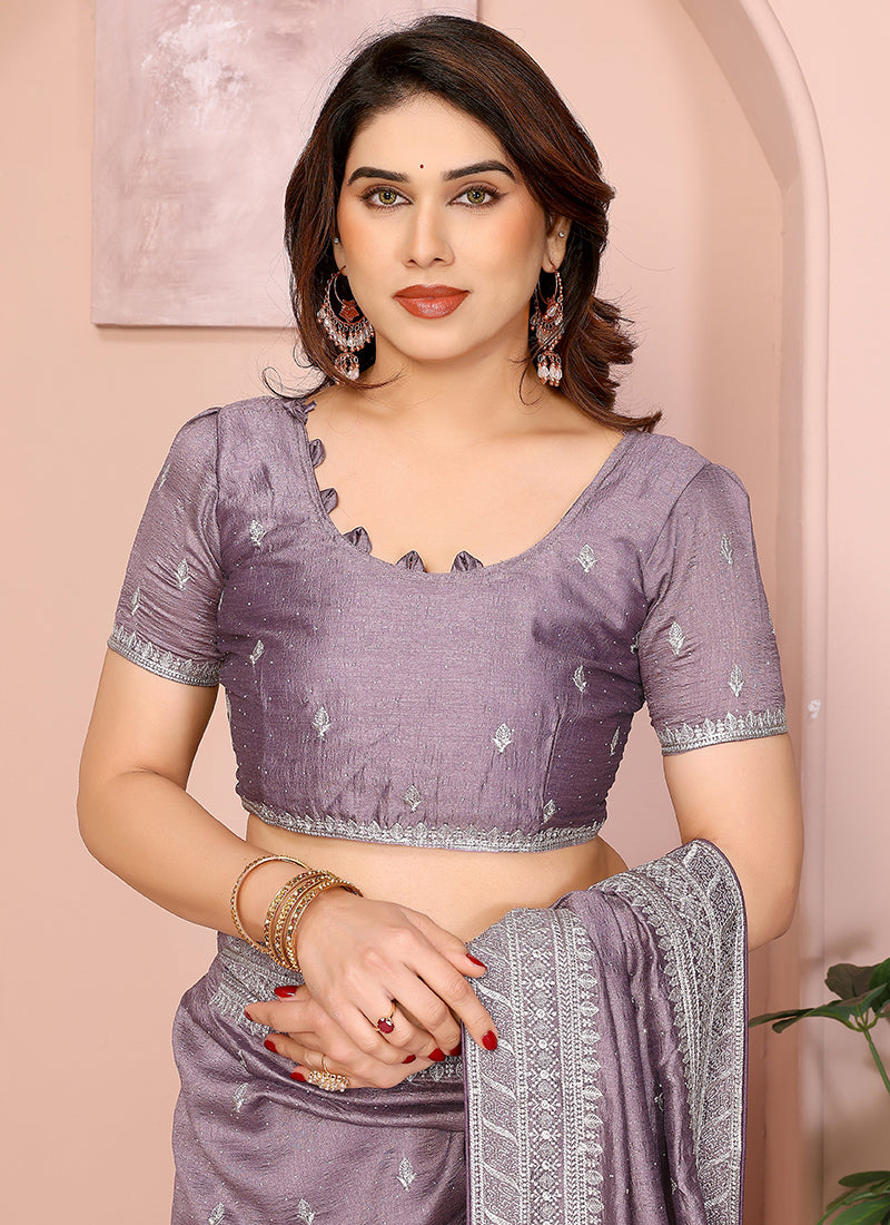Vellora Lavender Vichitra Embroidery Work Festival Wear Saree