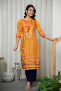 Juniper Women's Mustard Ethnic Motif Printed Shantoon Kurta With Doris & Tassels