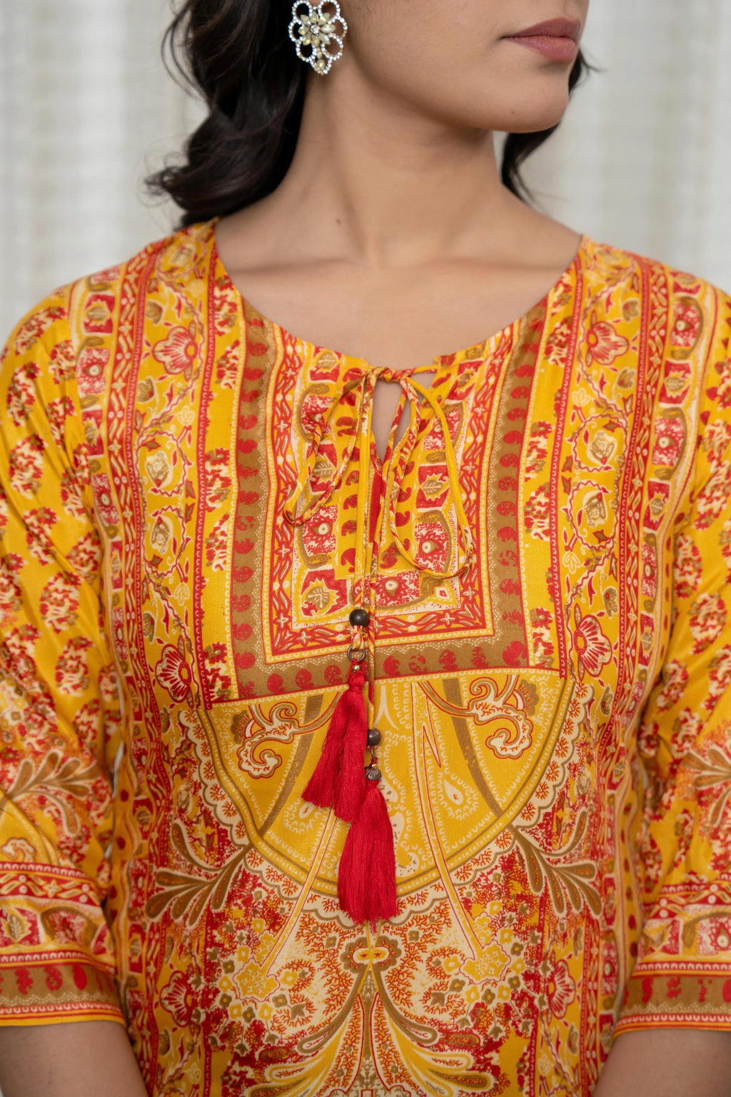 Juniper Women's Mustard Ethnic Motif Printed Shantoon Kurta With Doris & Tassels