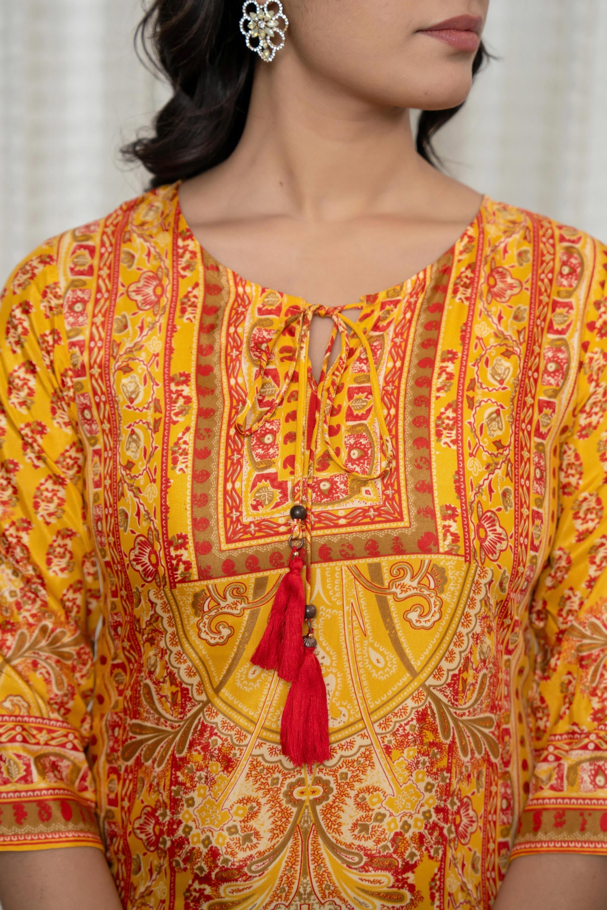 Juniper Women's Mustard Ethnic Motif Printed Shantoon Kurta With Doris & Tassels