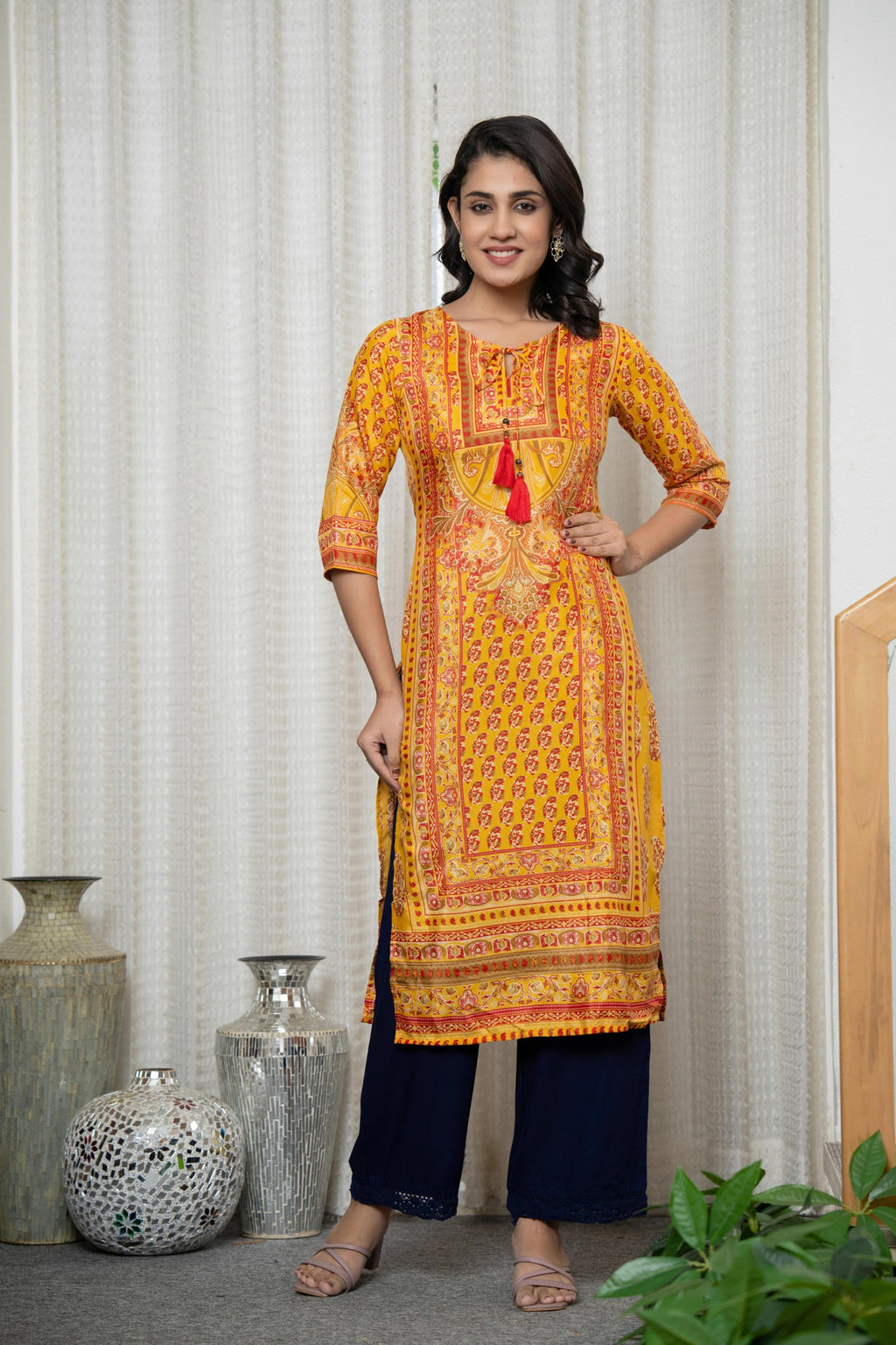 Juniper Women's Mustard Ethnic Motif Printed Shantoon Kurta With Doris & Tassels