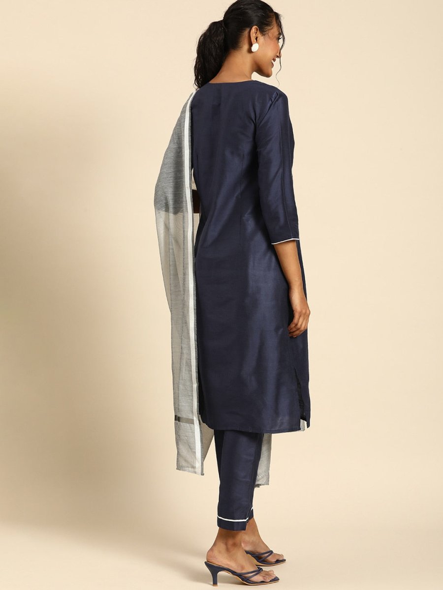 All About You Women Navy Blue Embroidered Regular Thread Work Kurta with Trousers
