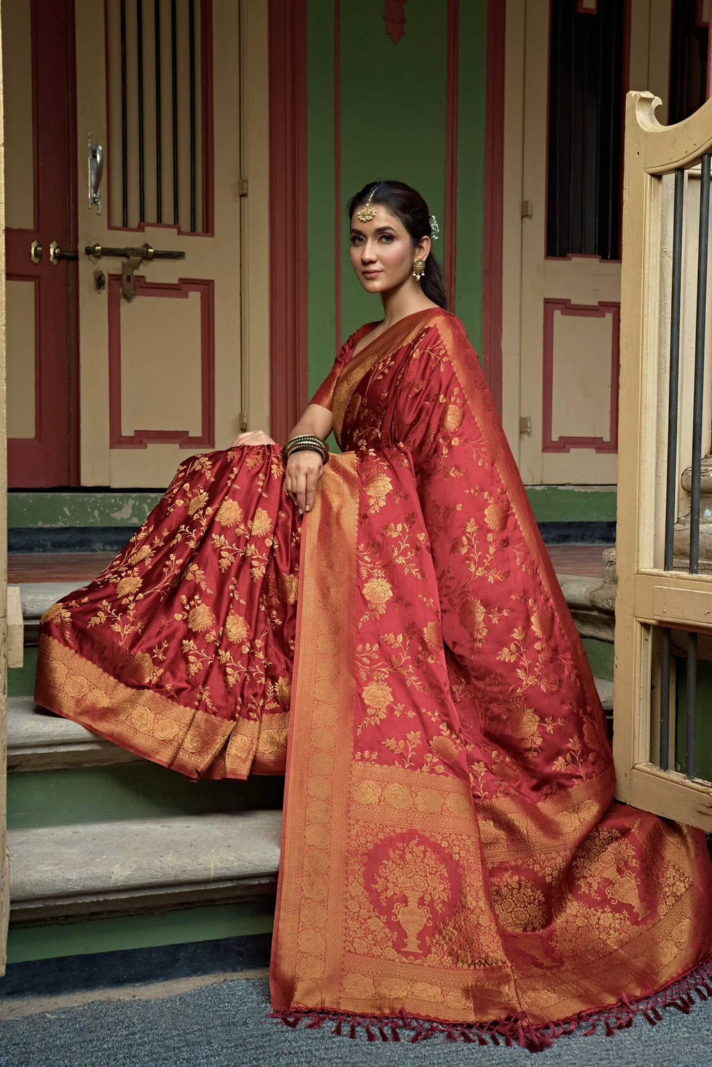 Vardha Ruby Red Golden Zari Banarasi Satin Silk Saree