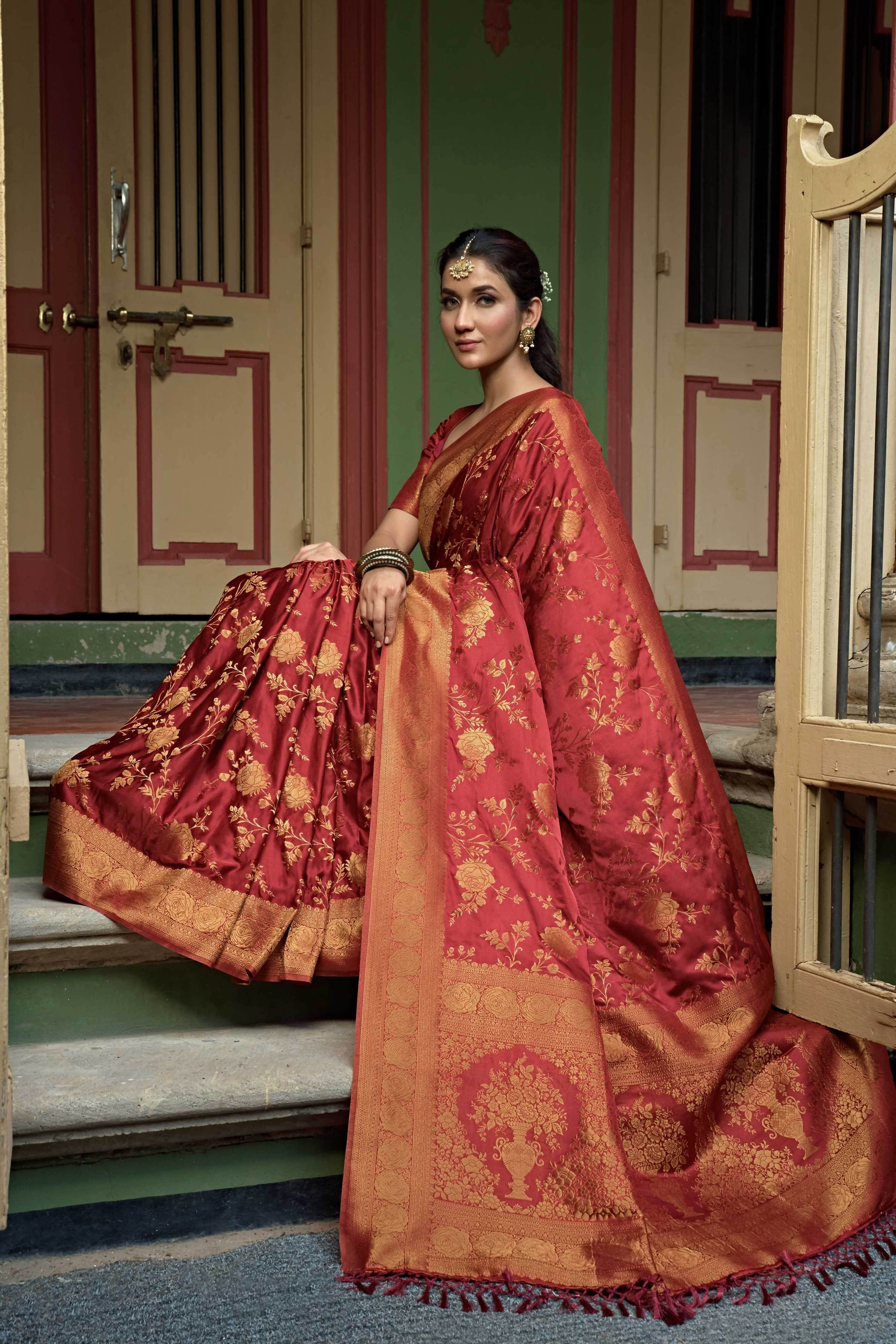 Vardha Ruby Red Golden Zari Banarasi Satin Silk Saree