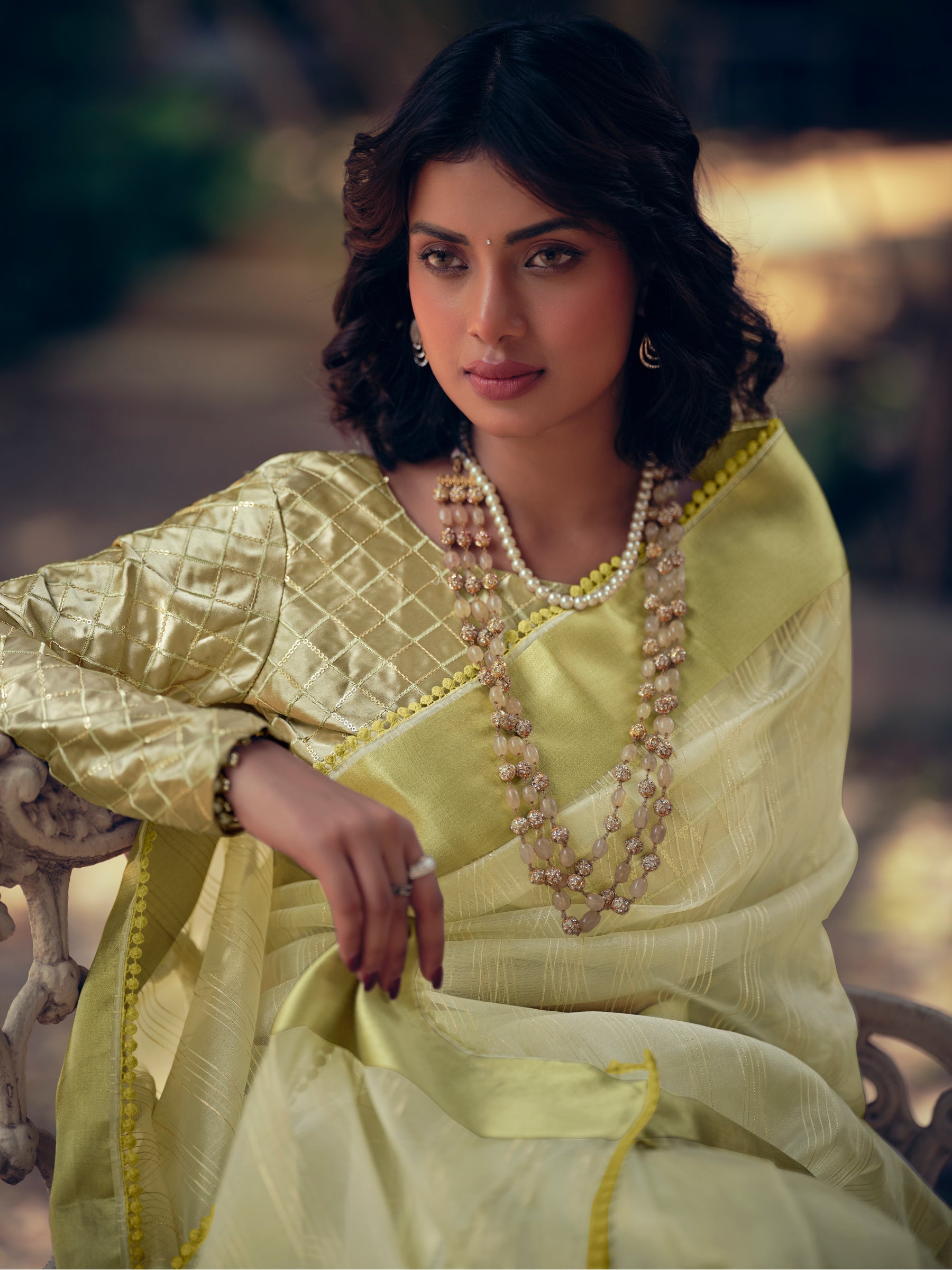 Stylee Lifestyle Green Organza Woven Saree