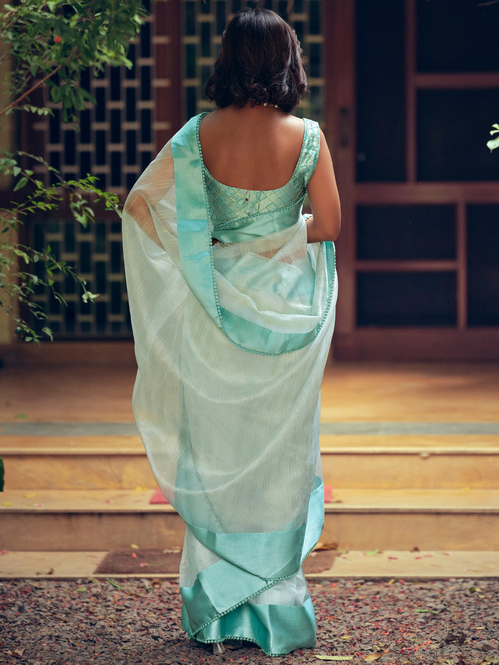 Stylee Lifestyle Sky Blue Organza Woven Saree
