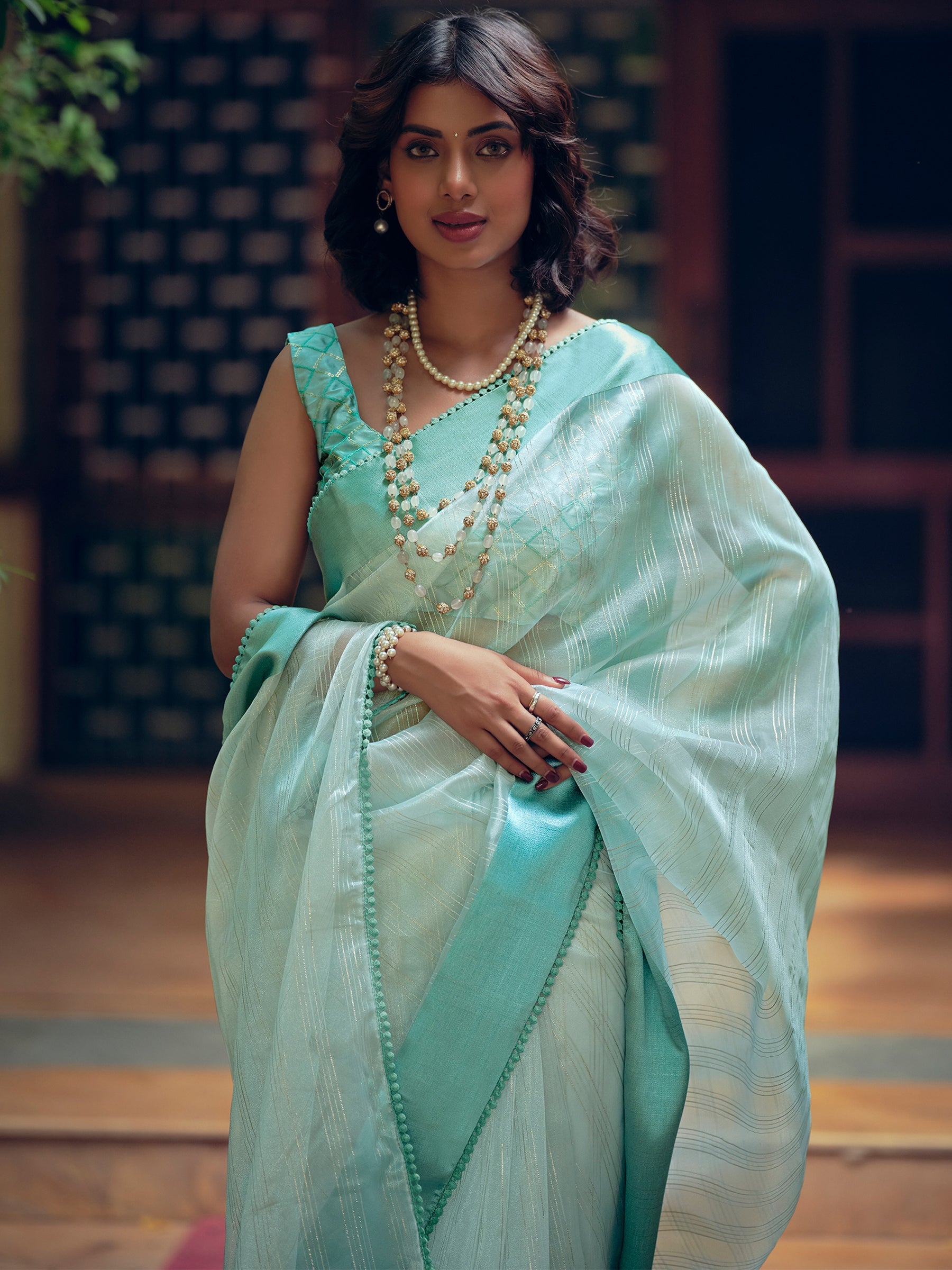 Stylee Lifestyle Sky Blue Organza Woven Saree