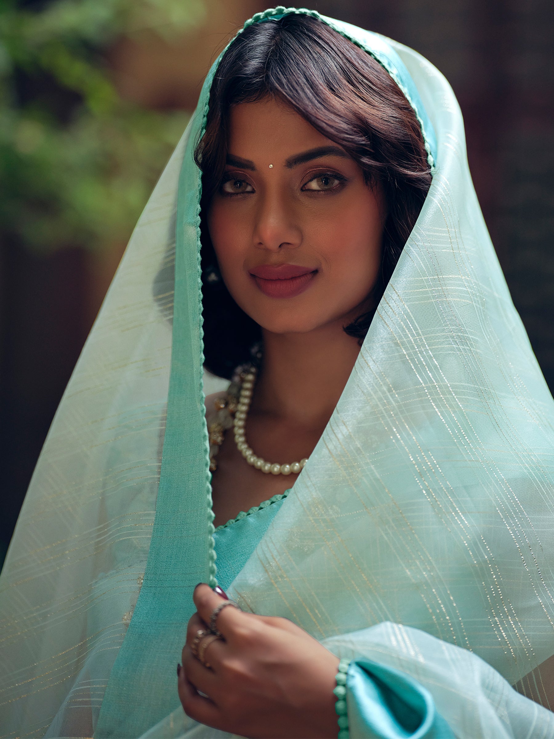 Stylee Lifestyle Sky Blue Organza Woven Saree