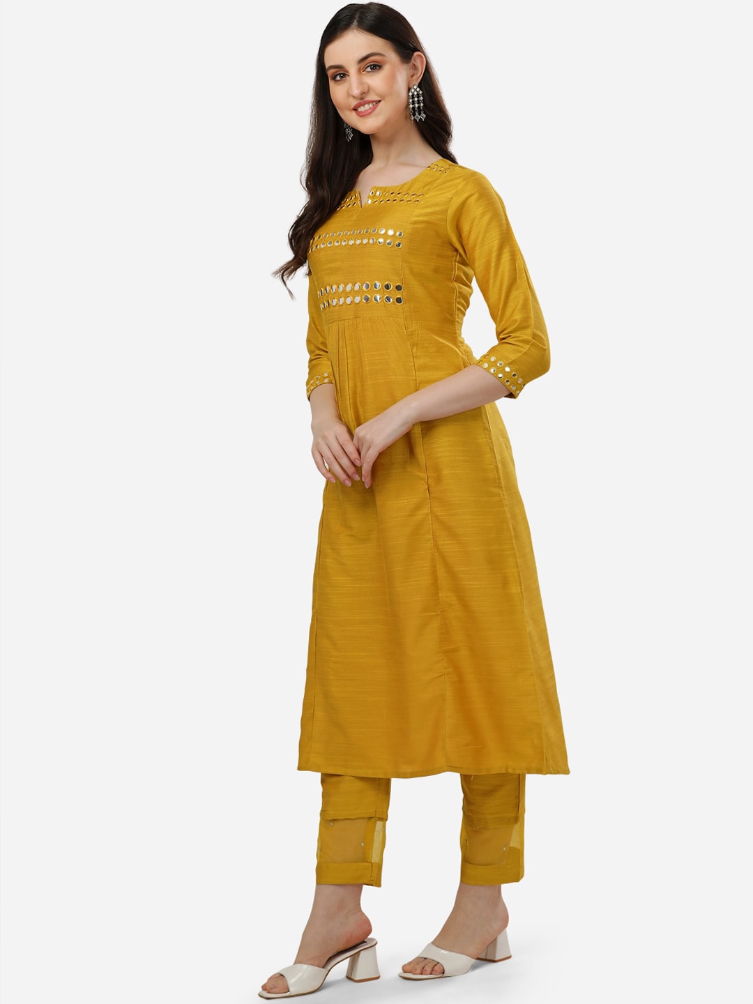 HERE&NOW Women Mustard Yellow Embroidered Panelled Mirror Work Kurta with Trousers