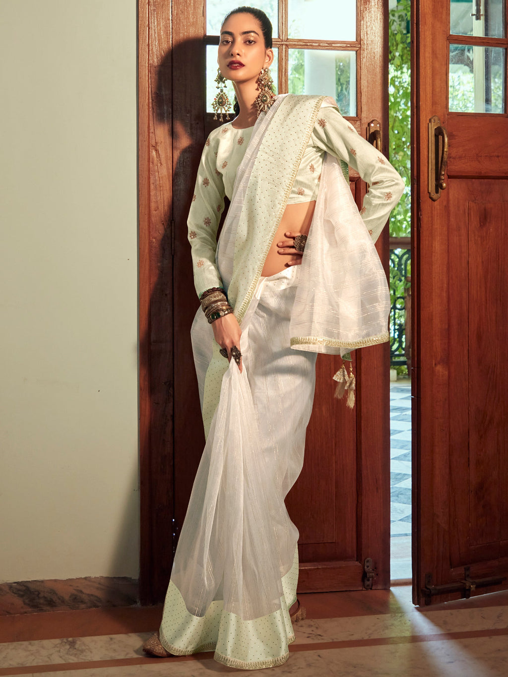 Stylee Lifestyle Cream Organza Woven Saree