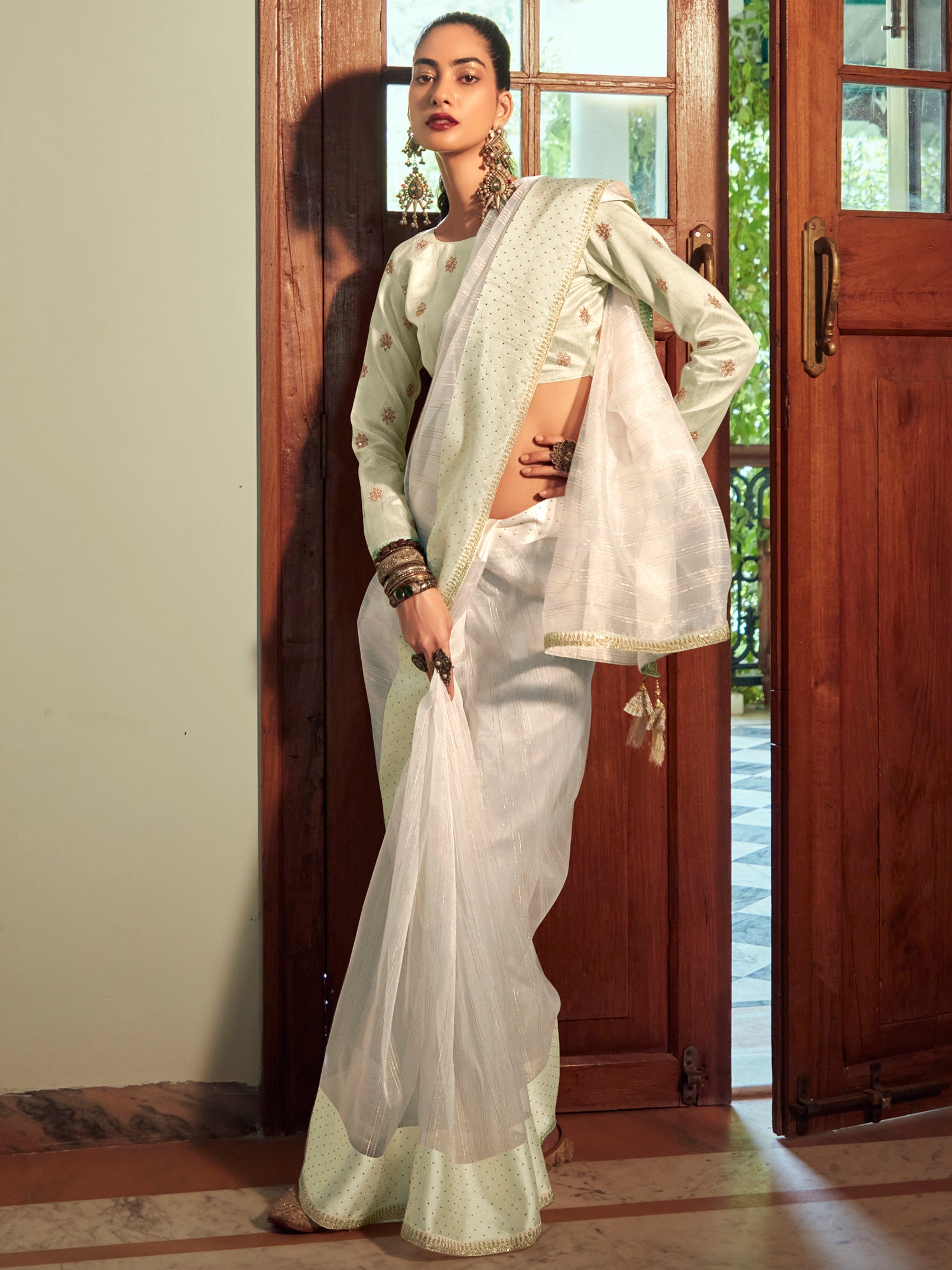 Stylee Lifestyle Cream Organza Woven Saree
