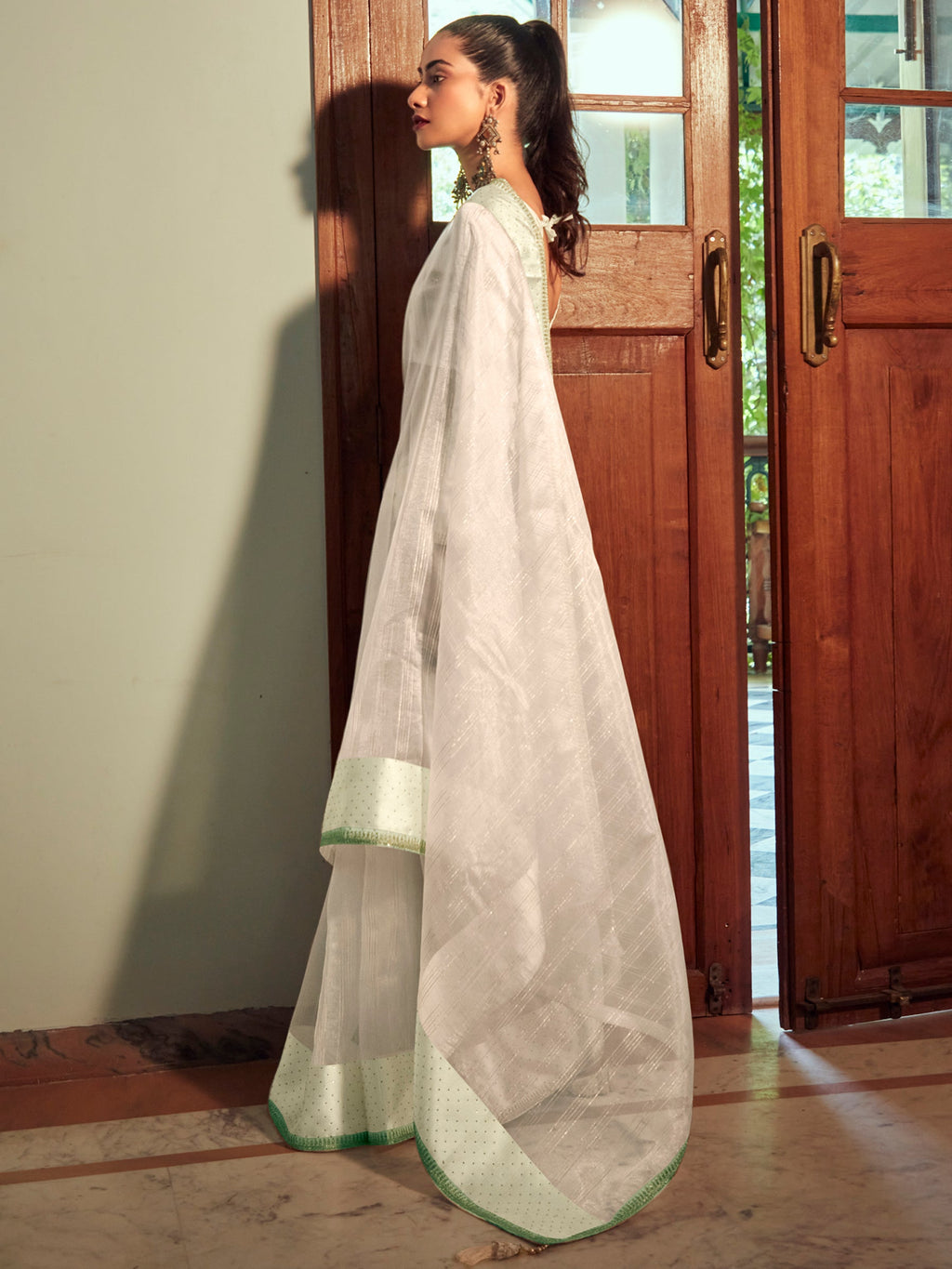 Stylee Lifestyle Cream Organza Woven Saree