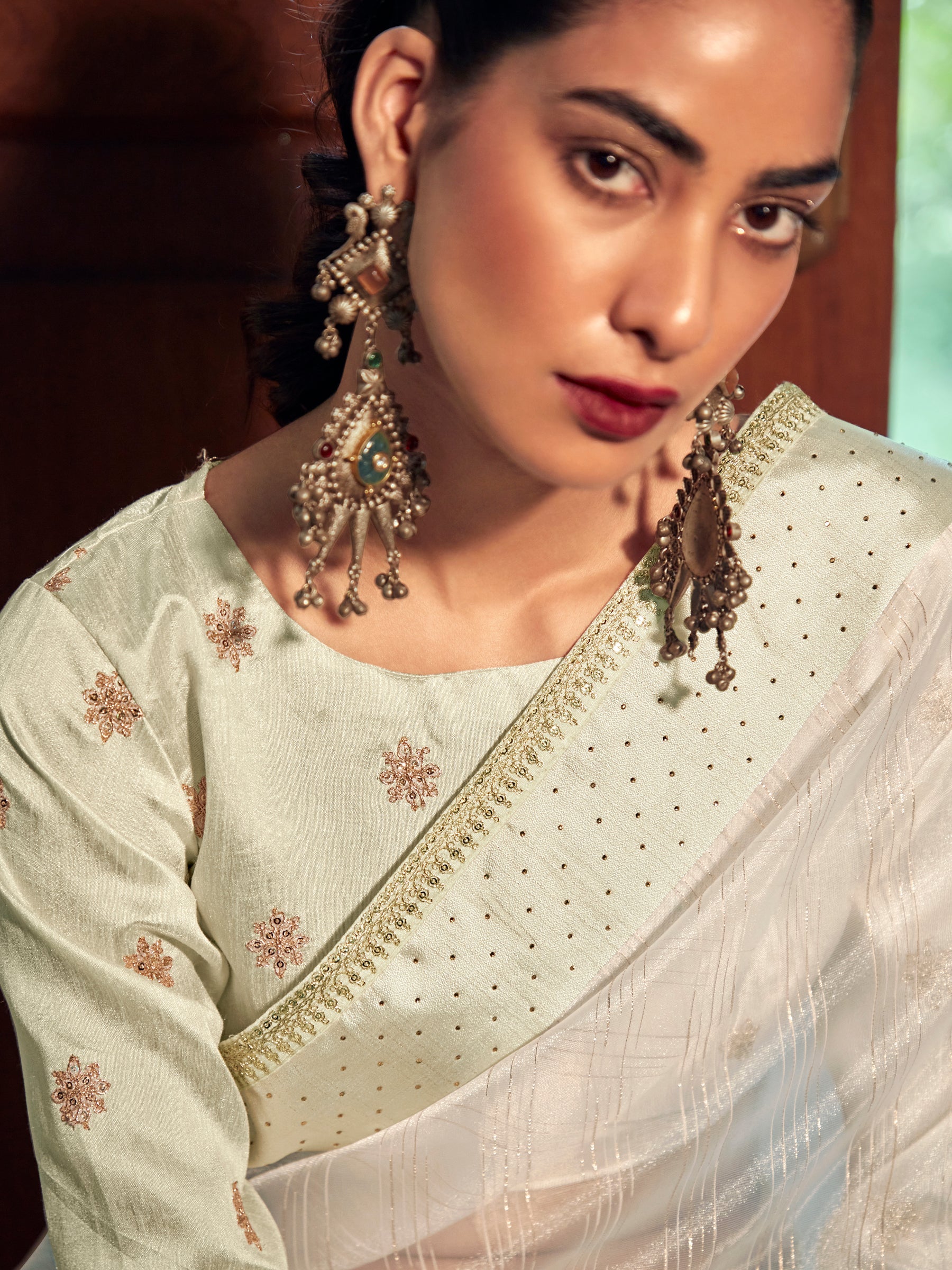 Stylee Lifestyle Cream Organza Woven Saree