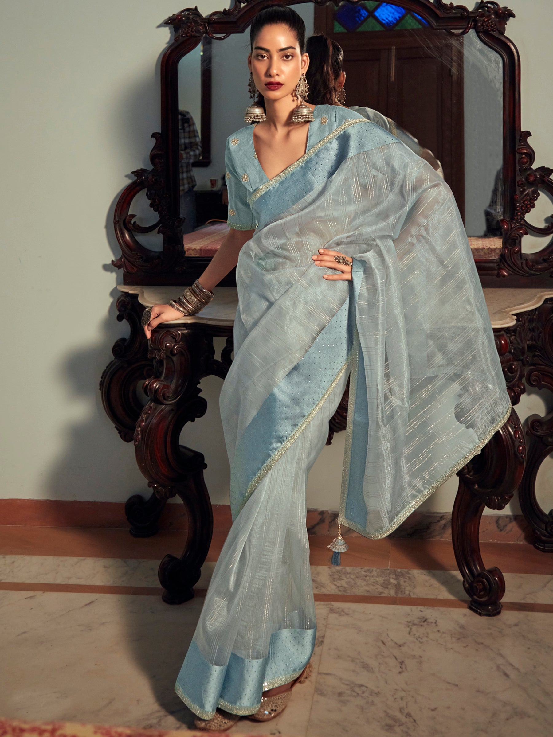 Stylee Lifestyle Sky Blue Organza Woven Saree