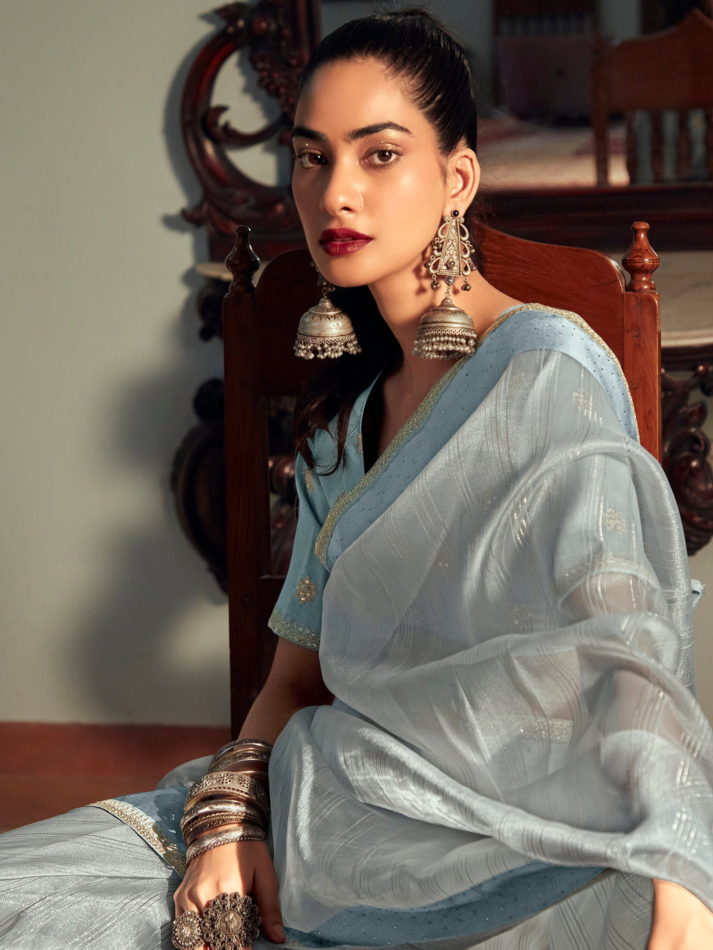 Stylee Lifestyle Sky Blue Organza Woven Saree