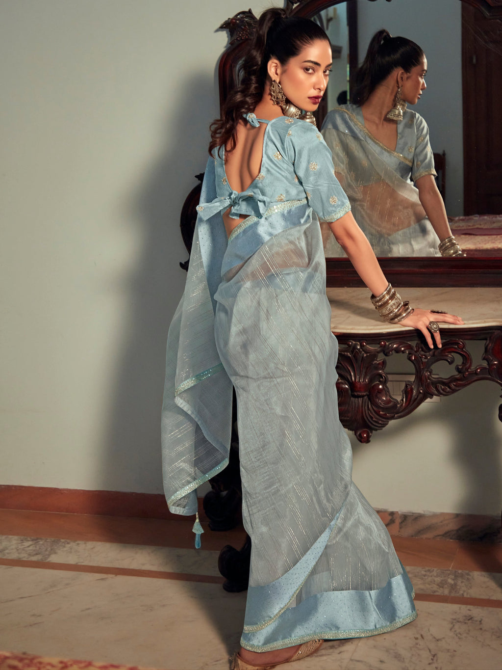 Stylee Lifestyle Sky Blue Organza Woven Saree