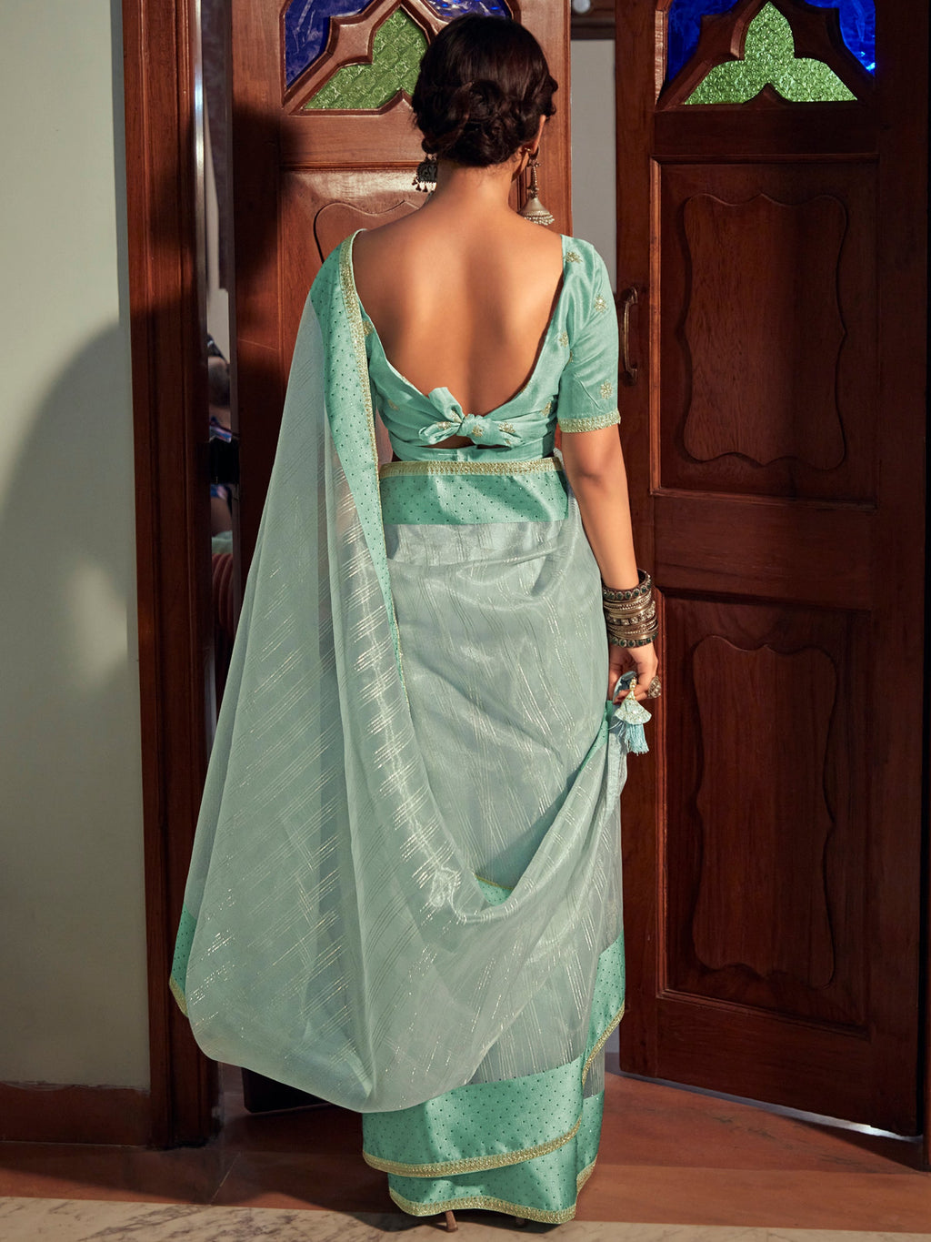 Stylee Lifestyle Green Organza Woven Saree