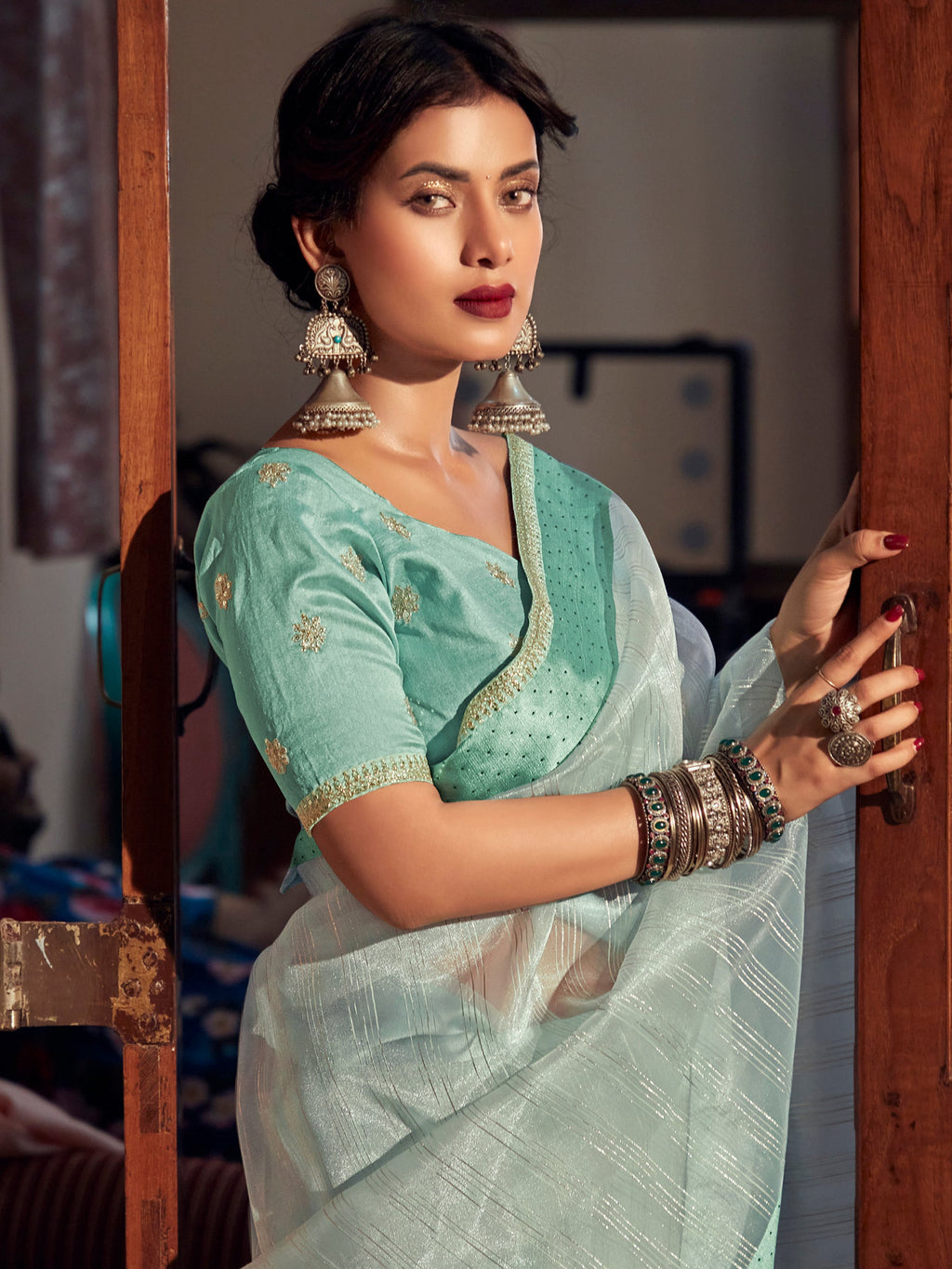 Stylee Lifestyle Green Organza Woven Saree