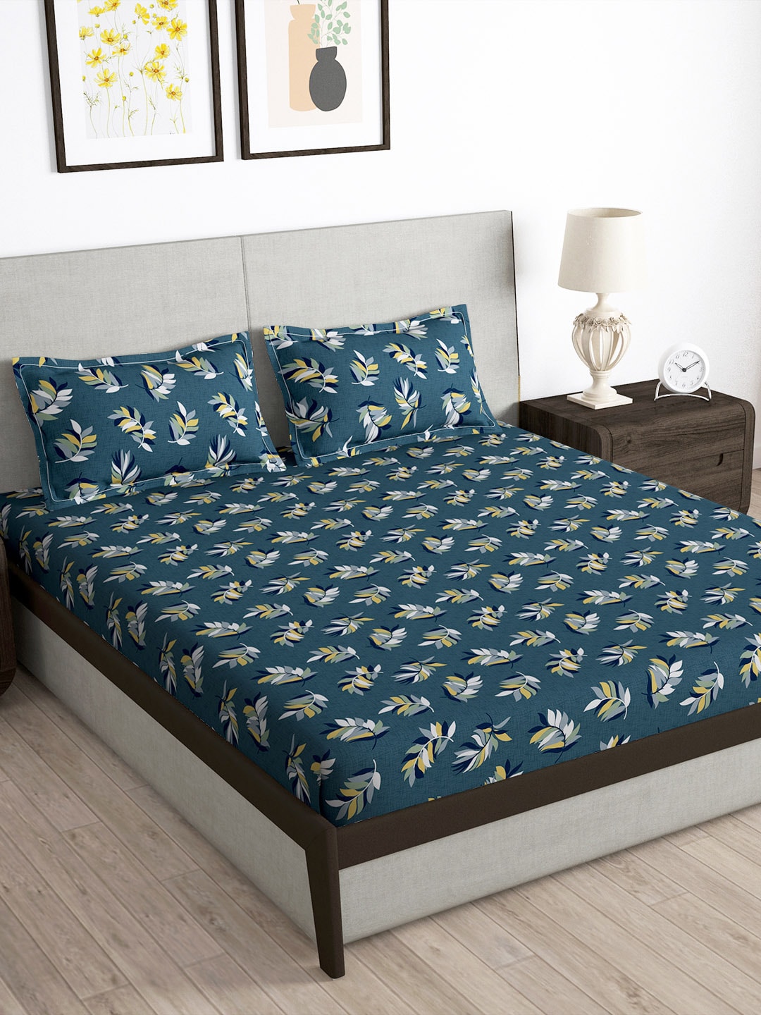 Story@home Arena Grey & Yellow Floral Printed 180 TC Queen Bedsheet & 2 Pillow Covers