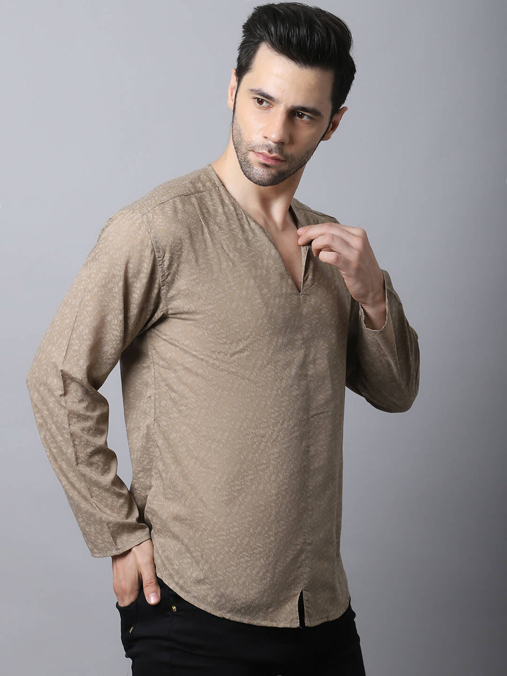 Even Apparels Beige Pure Cotton Round Neck Slit Men's Kurta