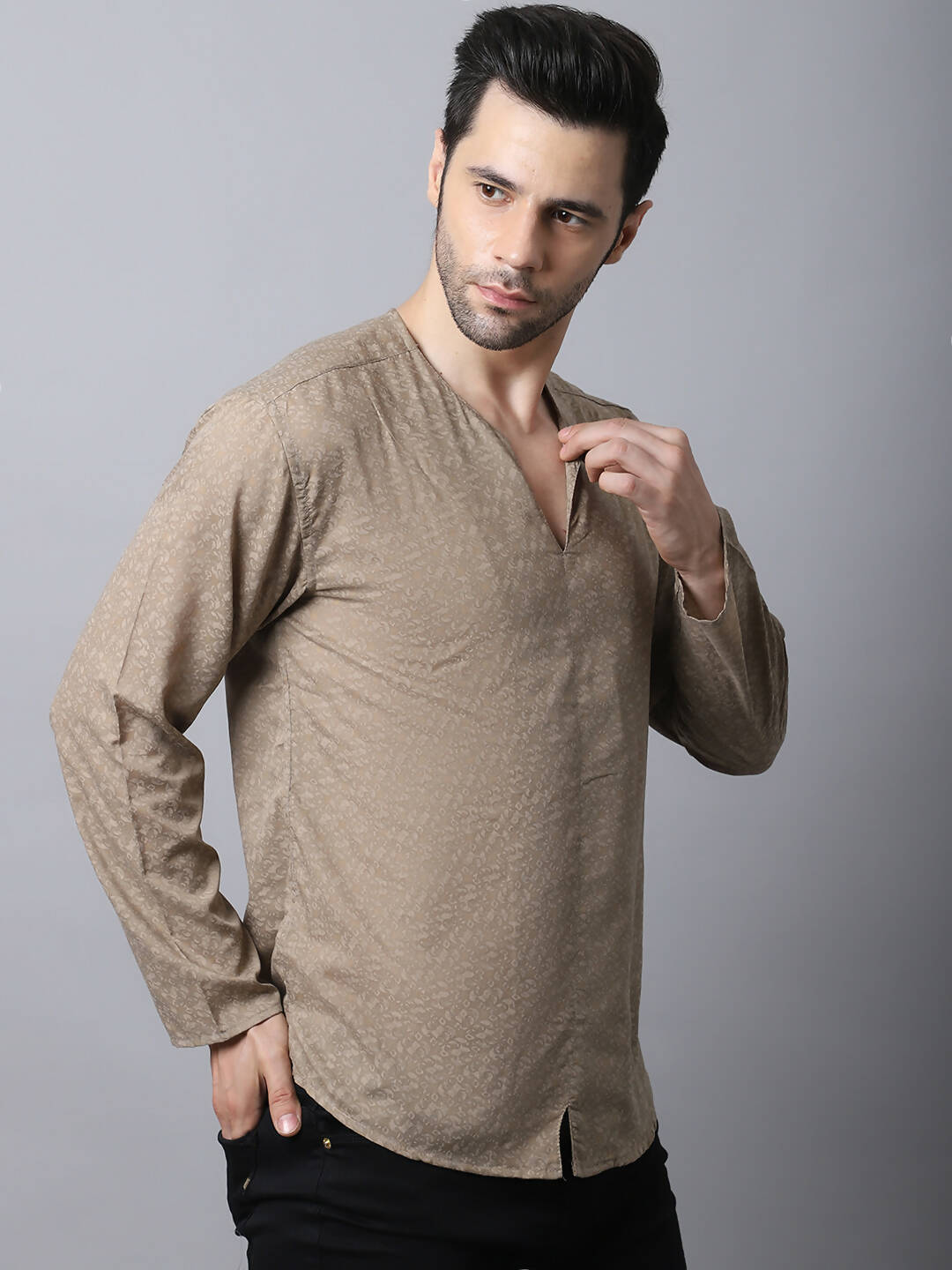 Even Apparels Beige Pure Cotton Round Neck Slit Men's Kurta
