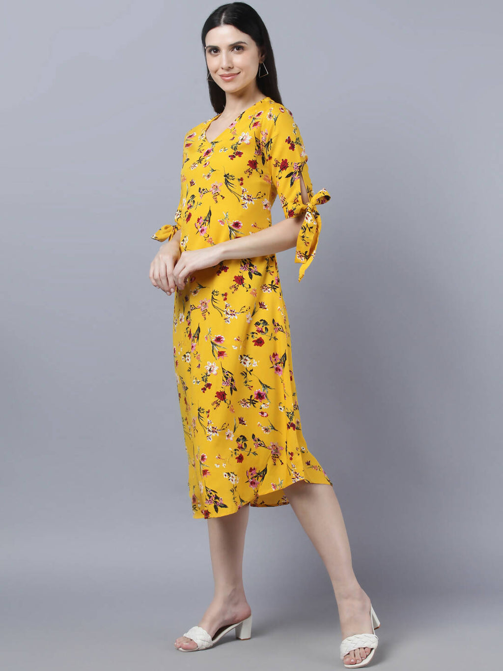 Myshka Women Yellow Floral Printed Flared Sleeves Thread Work Crepe Kurta