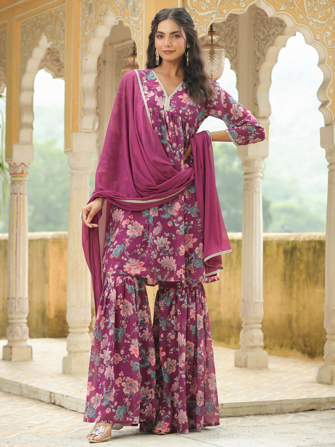 Janasya Purple Georgette Floral Kurta,Bottom & Dupatta