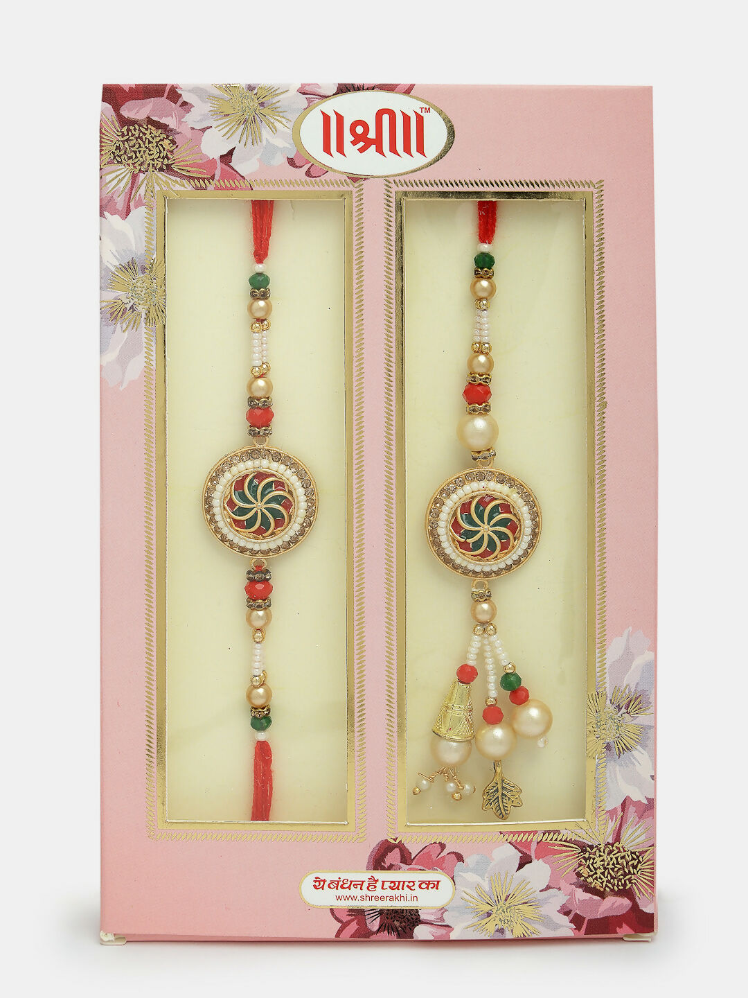 NVR Women & Men Set of 2 Gold-Toned Stone-Studded & Beaded Bhaiya Bhabi Rakhi With Roli Chawal