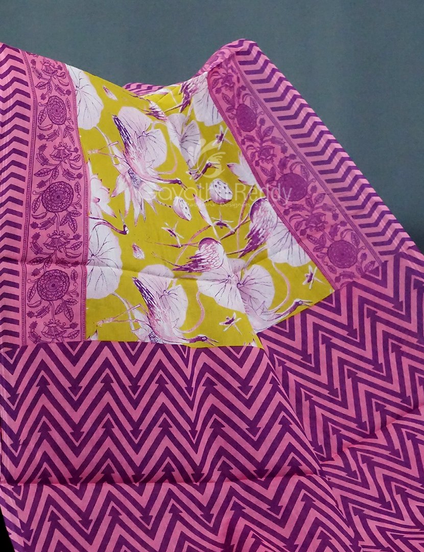 Block Print Lime Green Coloured Mulmul Cotton Saree By Gayathri Reddy Designer Studio
