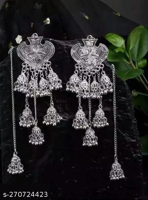 Tehzeeb Creations Women's Silver Colour Earrings With Chain Style