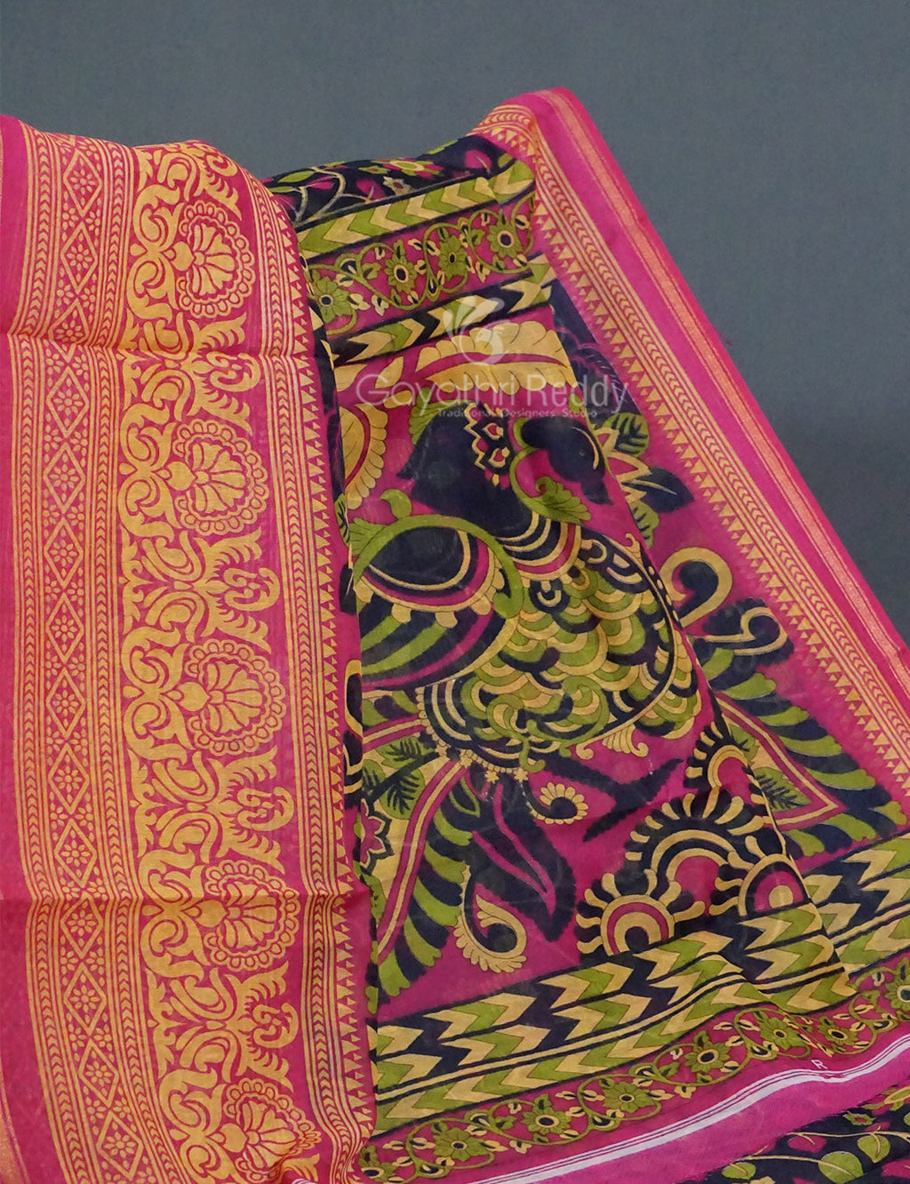 Shades of Navy Blue Colour Kalamkari Design Semi Chanderi Saree By Gayathri Reddy Designer Studio