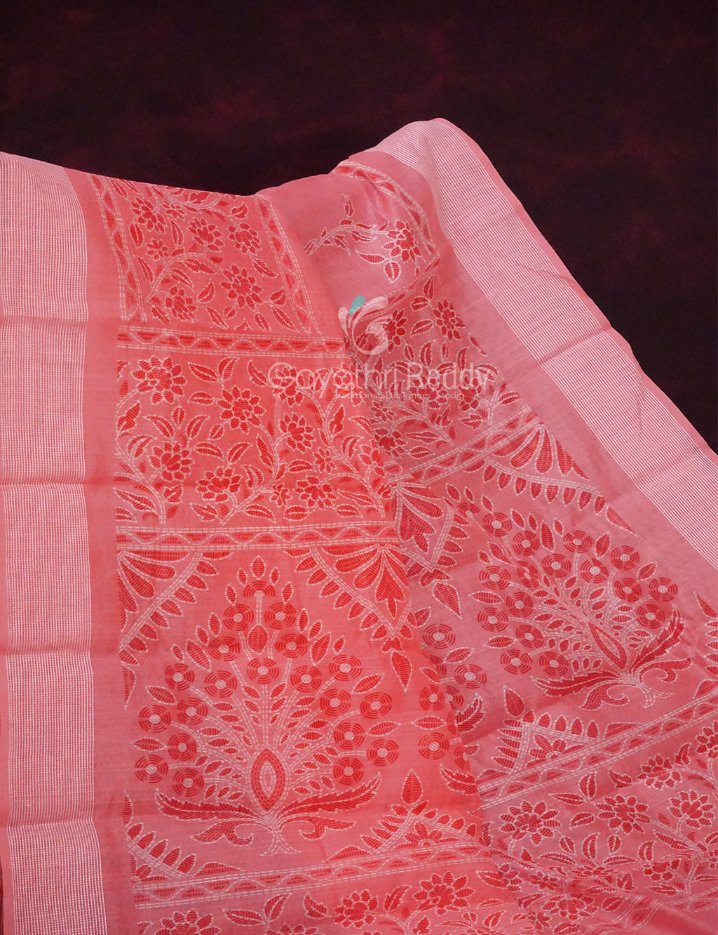 Peach Coloured Block Print Semi Chanderi Saree By Gayathri Reddy Designer Studio