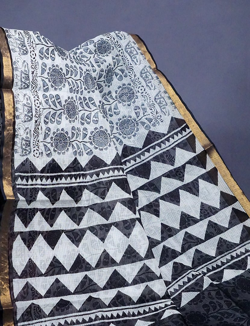 White And Grey Colour Block Print Pure Kota Cotton Saree By Gayathri Reddy Designer Studio