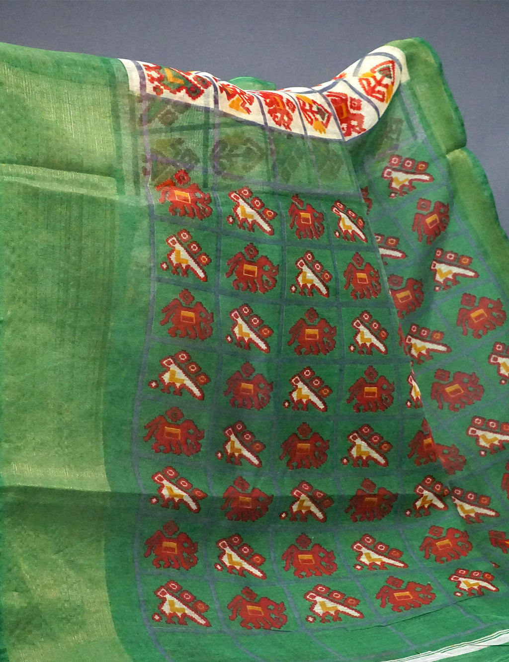 Shades of Light Apple Green And Parrot Green Colour Blouse Ikat Design Semi Chanderi Saree By Gayathri Reddy Designer Studio