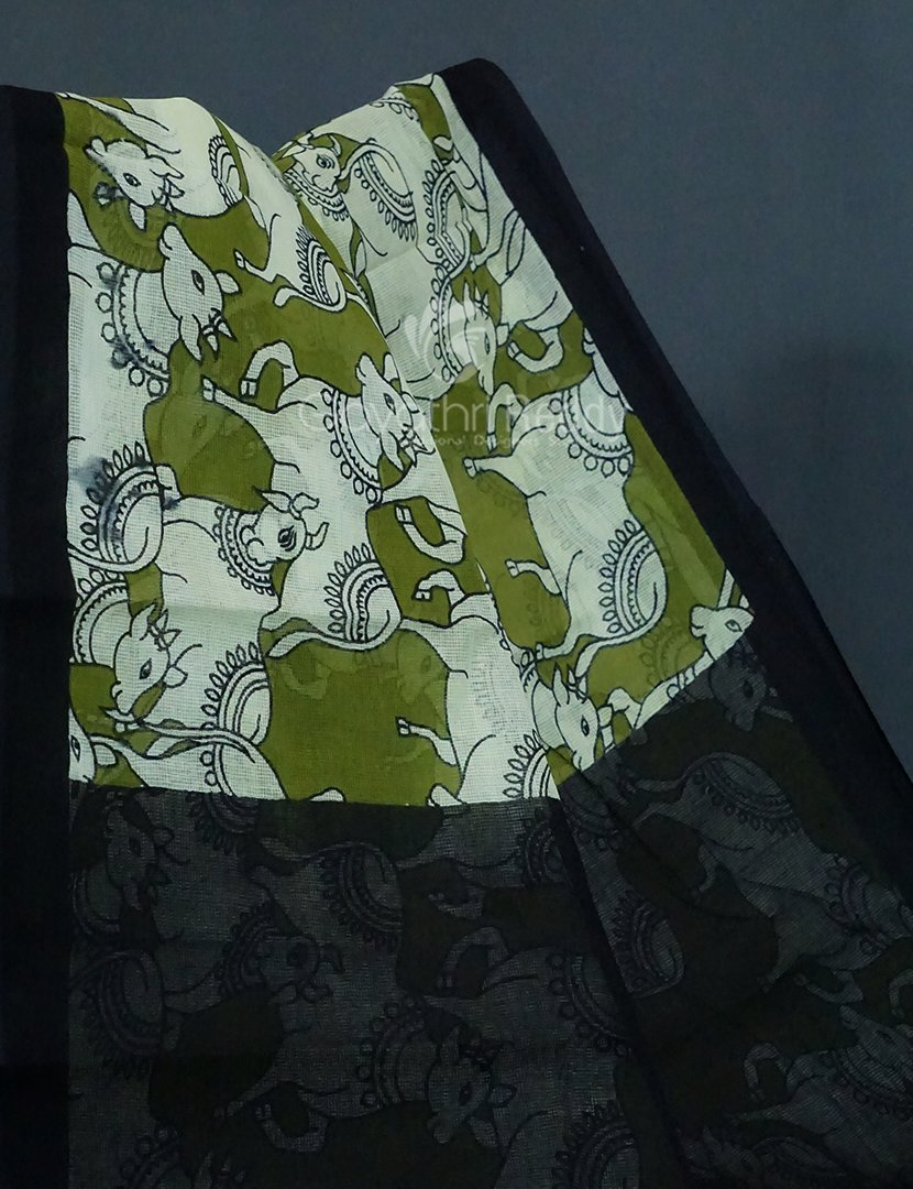 Shades of Mehndi Green And Black With Pichwai Print Munga Cotton Saree By Gayathri Reddy Designer Studio