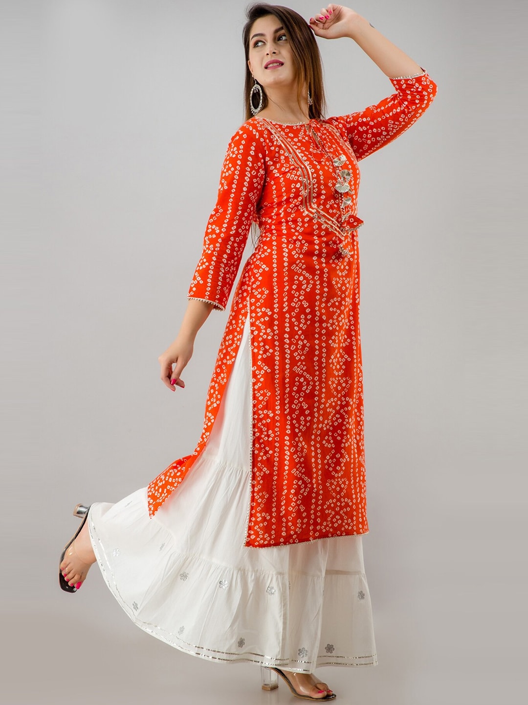 HERE&NOW Orange & White Bandhani Printed Gotta Patti Kurta with Sharara